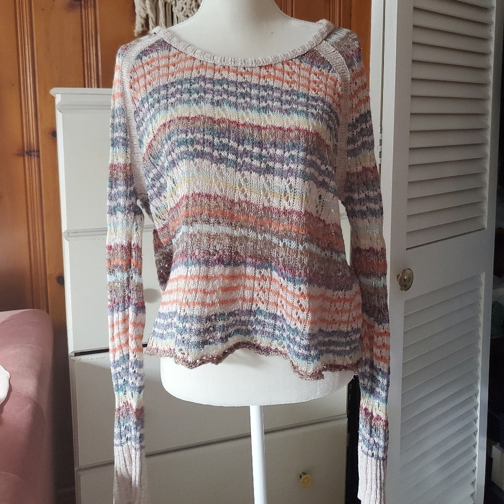 Free People | Wide Neck Striped Open Knit Sweater